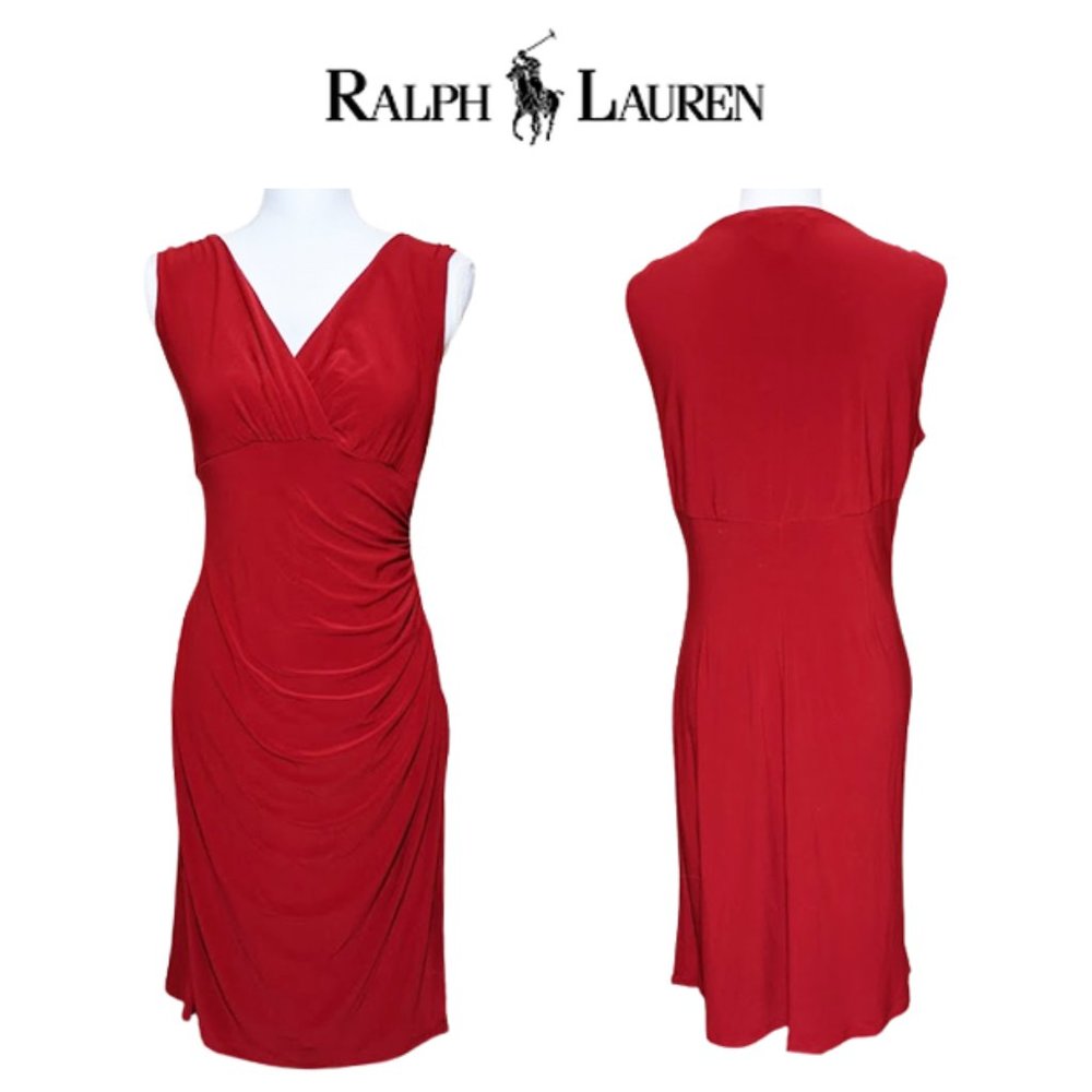 RALPH LAUREN Faux Wrap Jersey Surplice Dress in Fiery Red
